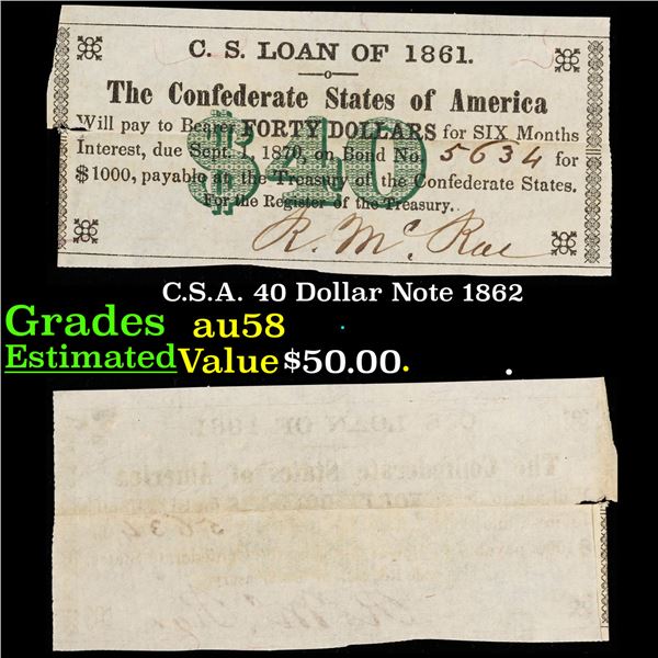 C.S.A. 40 Dollar Note 1862 Grades Choice AU/BU Slider