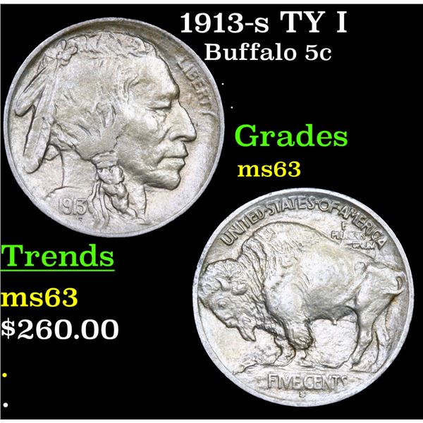 1913-s TY I Buffalo Nickel 5c Grades Select Unc