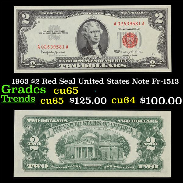 1963 $2 Red Seal United States Note Fr-1513 Grades Gem CU