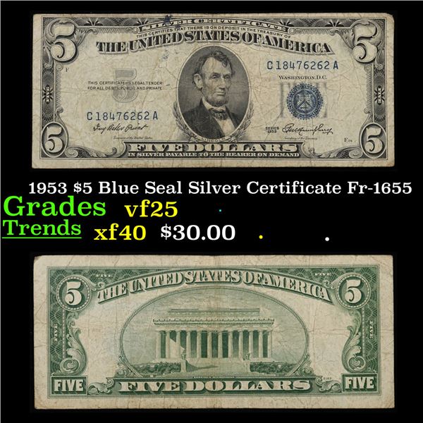 1953 $5 Blue Seal Silver Certificate Fr-1655 Grades vf+
