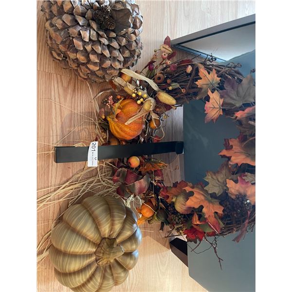 Assortment of Fall Decorations - Wreath, Decorative Pinecone & Pumpkin