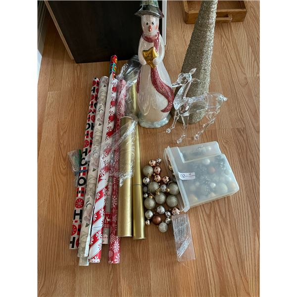 Assortment of Christmas Decorations - Snowman, Christmas Tree, Wrapping Paper, Christmas Bulbs