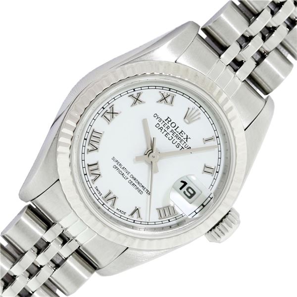 Rolex Ladies SS White Roman Datejust Wristwatch 26MM With Rolex Box