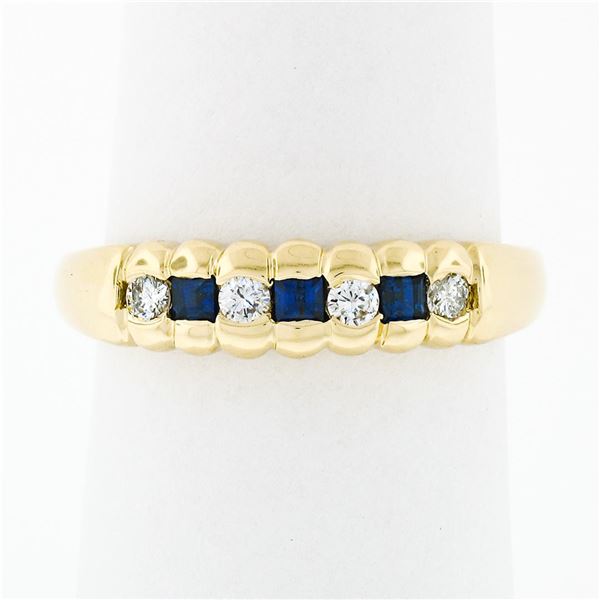 18K Gold 0.36 ctw Channel Square Sapphire Round Diamond Scalloped Stack Band Rin