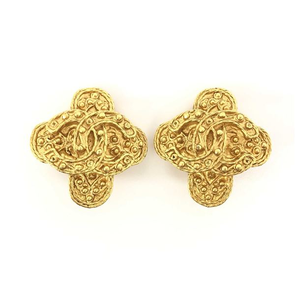 Chanel Gold-tone Metal CC Arabesque Logo Cross Shape Clip-on Earrings