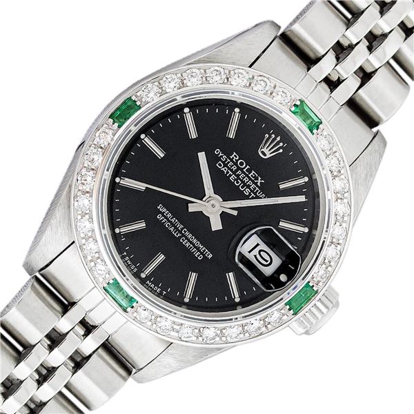 Rolex Ladies Stainless Steel Quickset Black Index Diamond And Emerald Bezel Date