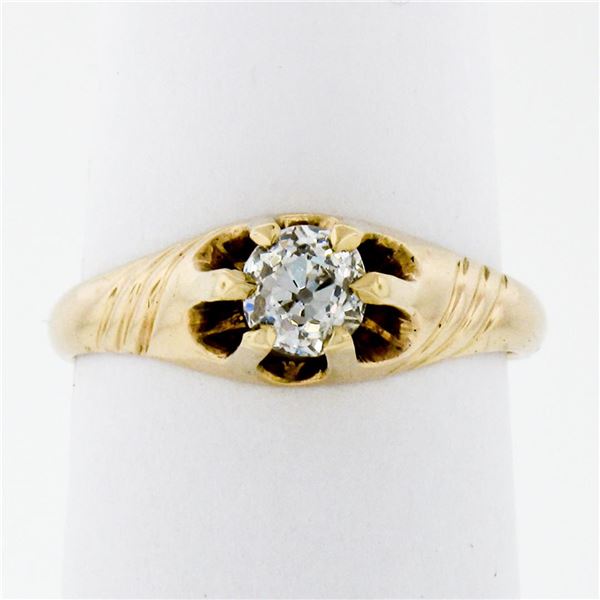 Antique Victorian 14K Gold .40 ctw Cushion Old Mine Diamond Belcher Solitaire Ri