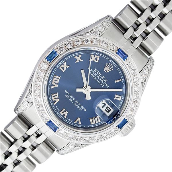 Rolex Quickset Blue Roman Dial Diamond And Sapphire Datejust Wristwatch