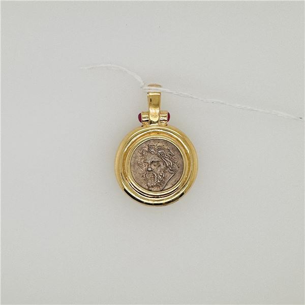 18K Yellow Gold Pendant With Rubies & Ancient Silver Greek Coin