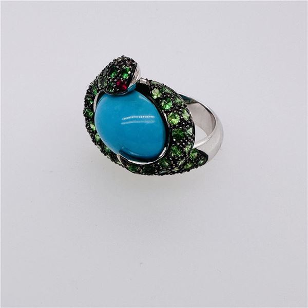 18K White Gold, Turquoise, Tsavorite Garnet & Ruby Snake Ring by Victor Loo