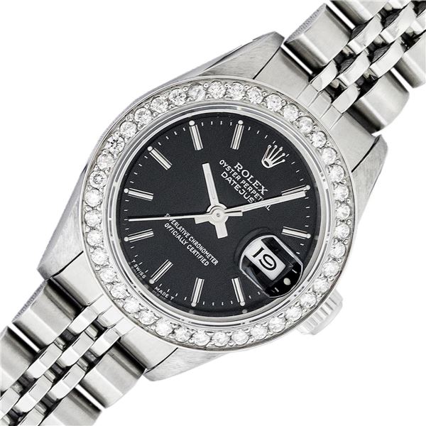 Rolex Ladies Stainless Steel Quickset Black Index Diamond Bezel Datejust