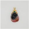 Image 1 : Chinese Carved Bicolor Tourmaline Pendant with 18k Yellow Gold & Emerald Mount