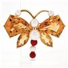 Vintage 18K Gold Marquise & Custom Cut Citrine Pearl Coral Butterfly Brooch Pin