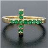 Image 2 : NEW 14k Yellow Gold 0.25 ctw Round Green Emerald Curved Sideways Cross Band Ring