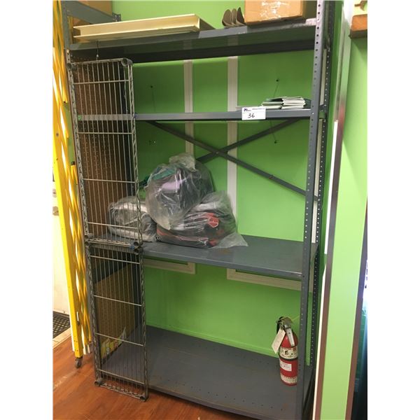 GREY METAL UTILITY SHELF UNIT & SMALL BLACK METAL CABINET