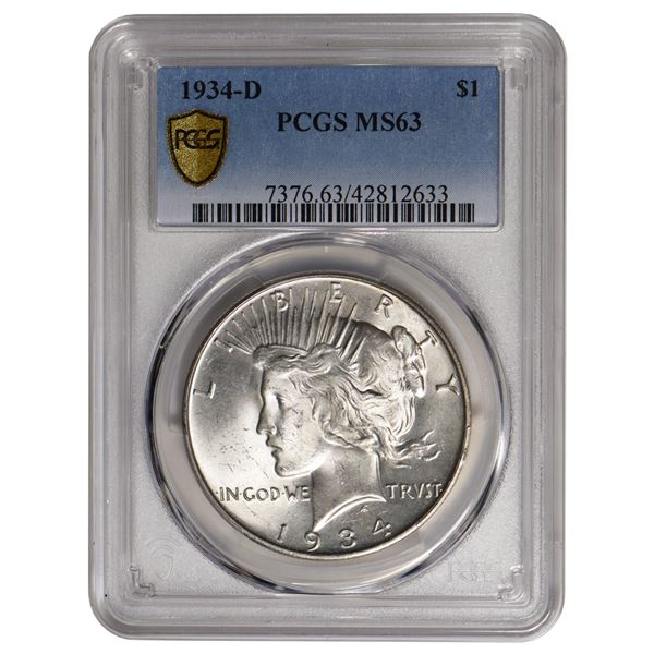 1934-D $1 Peace Silver Dollar PCGS MS63