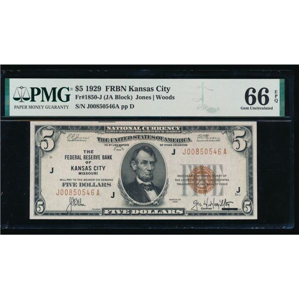 1929 $5 Kansas City FRBN PMG 66EPQ
