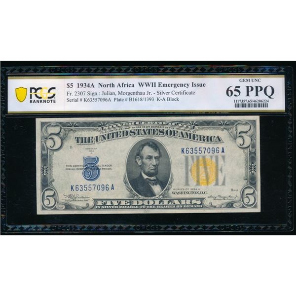 1934A $5 N Africa Silver Certificate PCGS 65PPQ