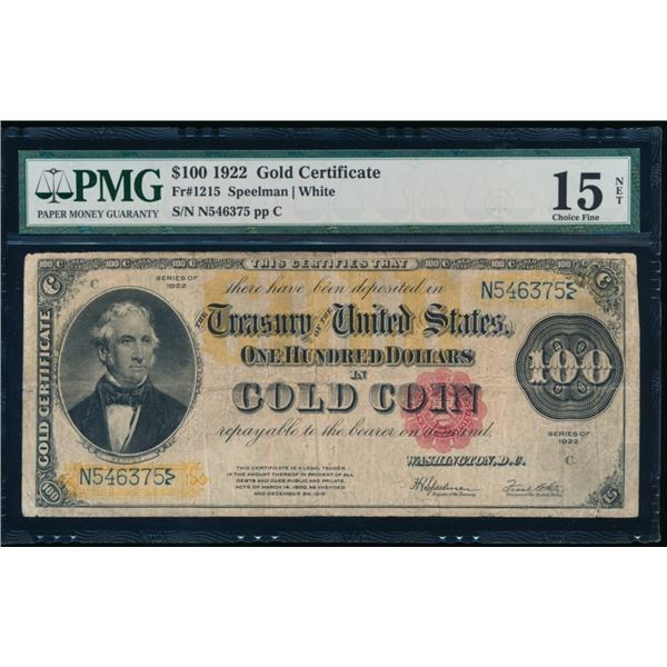 1922 $100 Gold Certificate PMG 15NET