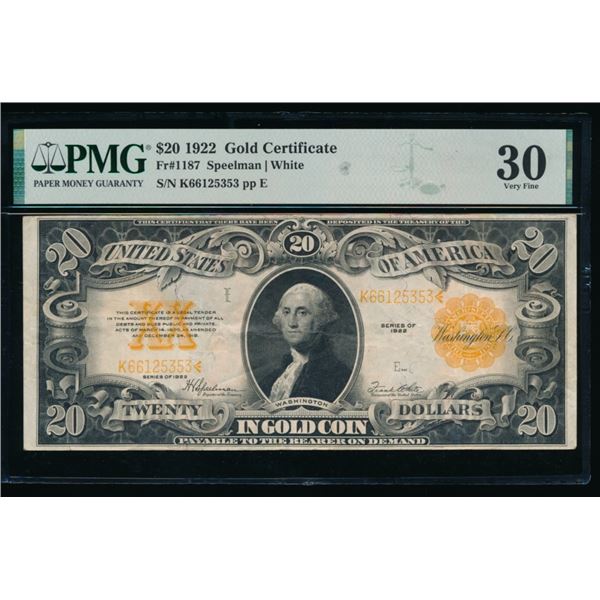 1922 $20 Gold Certificate PMG 30