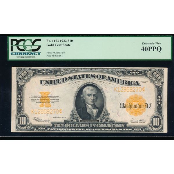 1922 $10 Gold Certificate PCGS 40PPQ