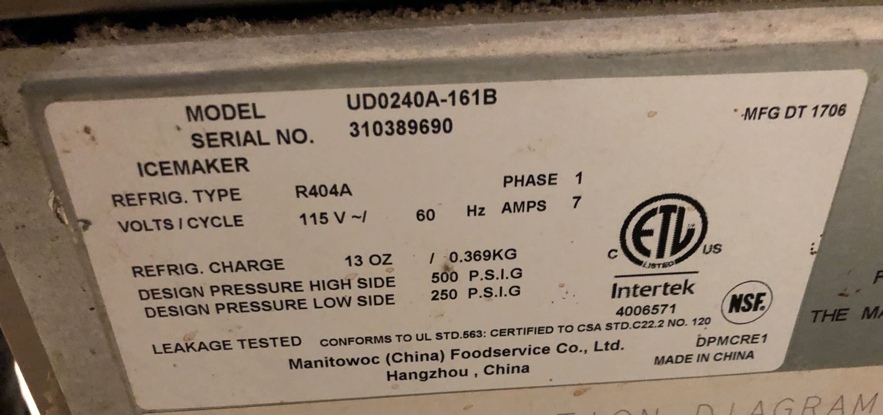 Manitowoc Under counter Ice Machine Model UD0240A161B asis