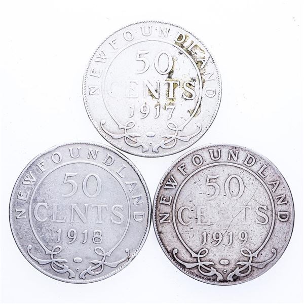 Group 3 Canada, NFLD. Sterling Silver 50 Cents - 1917,1918,1919