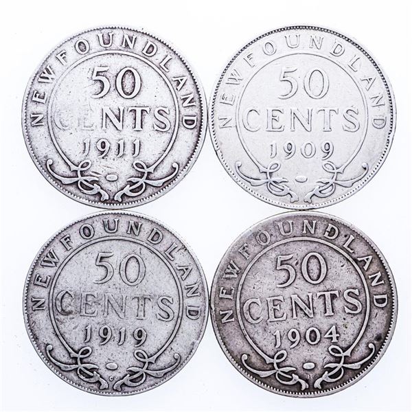 Group of 4 Canada, NFLD. Sterling Silver 50 Cents - 1904,1909,1911,1919