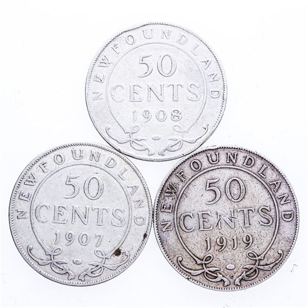 Group of 3 Canada, Sterling Silver NFLD. 50 Cents, 1907,1908,1919