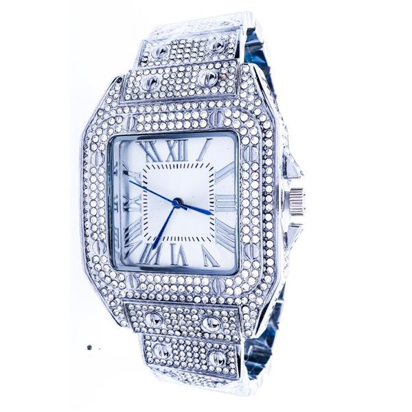 Unisex Fancy Qtz. Watch, Micro Pave Set Swarovski Elements , Silver Dial, Roman Numerals, Stainless 