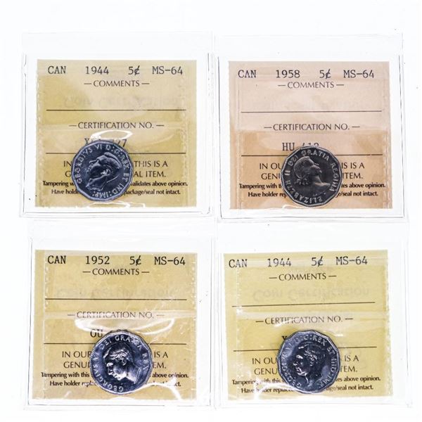 Group of 4 Canada Five Cents - 2 x 1944, 1952, 1958 - All MS64 ICCS