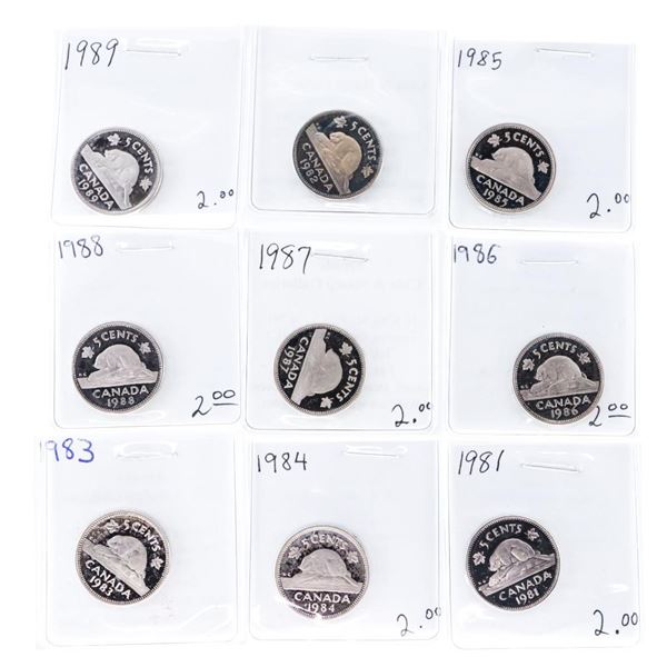 Collection - 9 x Canada Proof 5 Cents - 1981-1989