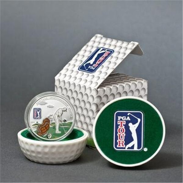 PGA Tour 925 Sterling Silver $5 Coin in Golf Ball Display - LE/2500 Proof 3d Leather Golf Bag Insert