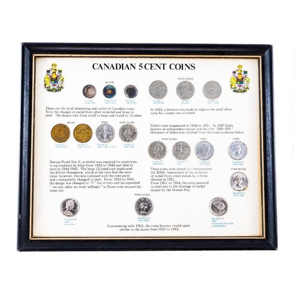 Canadian Five Cent Coins Collector Frame, 1858-1967