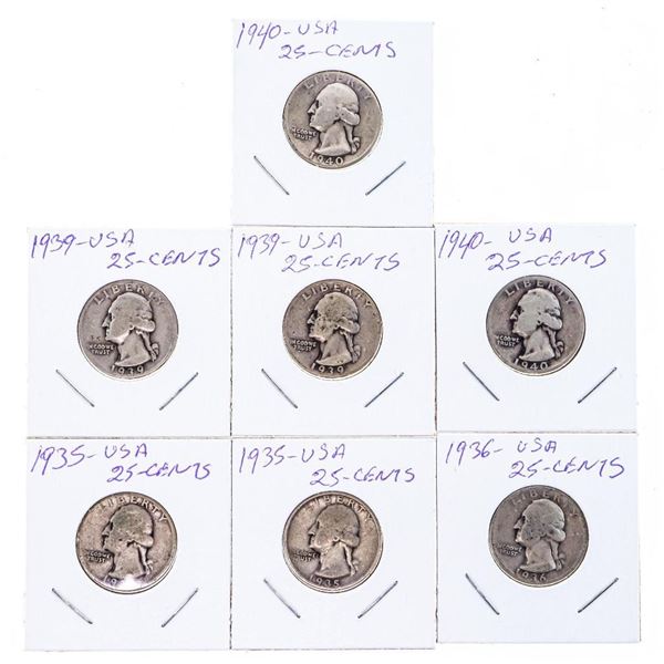 Group of 7 USA Silver Jefferson 25 Cents, 1930'-40's.