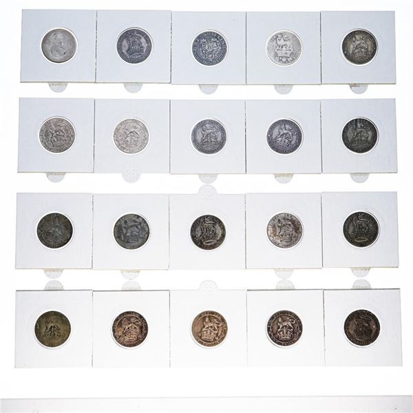 Collection of 20 British silver one shillings between years 1894-1935