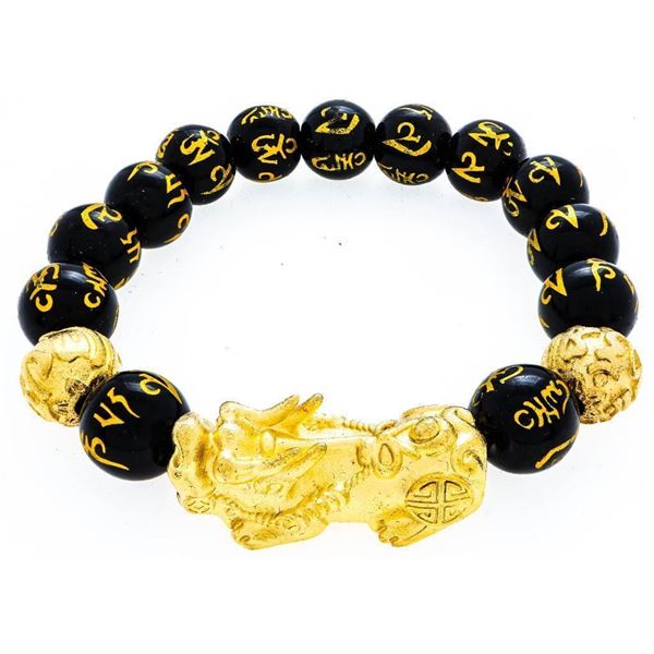 Black Onyx Bead & 24kt G.P. Flex Bracelet w/ PIXIU, Painted Design Round Beads- "Wealth"