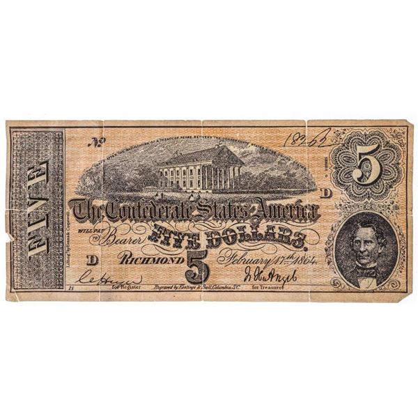 The Confederate States America Five Dollars -dated 1864