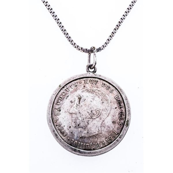 Belgian Silver 250 Francs "25 years Reign of King Baudouin" 1976 KM# 158.1- W/ Pendant Ring & Chain