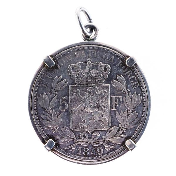 *Original* 1849 Belgium 5 Francs Silver Coin Crown w/ Pendant Ring