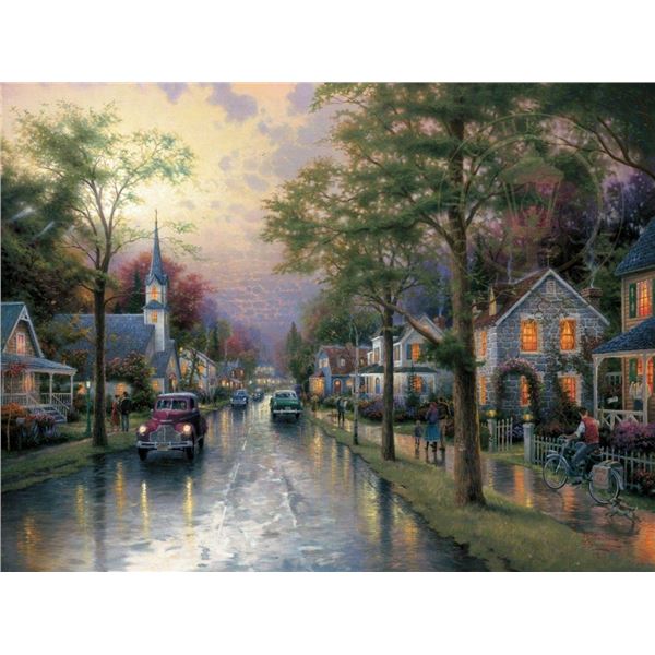 Thomas Kinkade (1958-2012) , HOMETOWN MORNING, HOMETOWN MEMORIES VI , Fine Art Print 44x34"