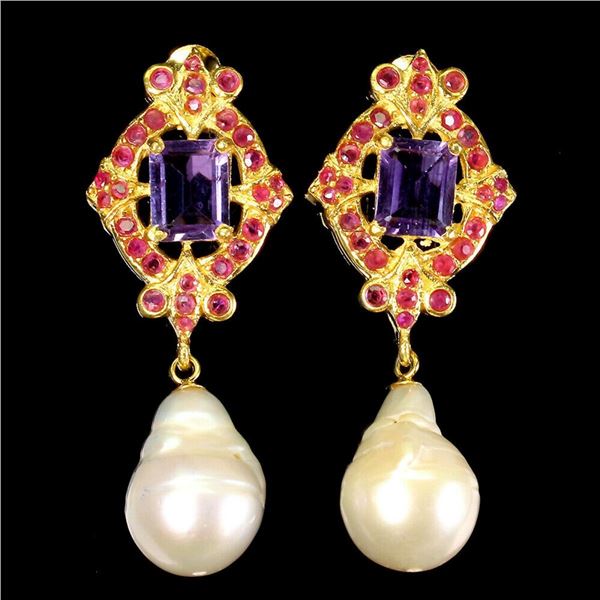 Natural Amethyst Ruby & White Pearl Earrings