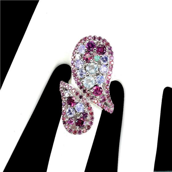 Natural Aquamarine Rhodolite Garnet  Ring