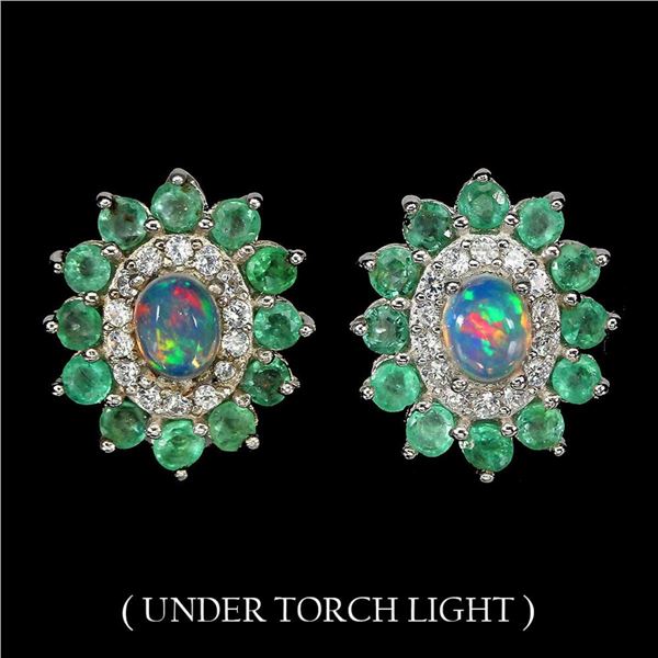 Natural Ethiopian White Opal & Colombian  Emerald Earrings