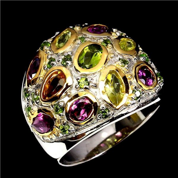 Natural Chrome Diopside Peridot Rhodolite Garnet Ring