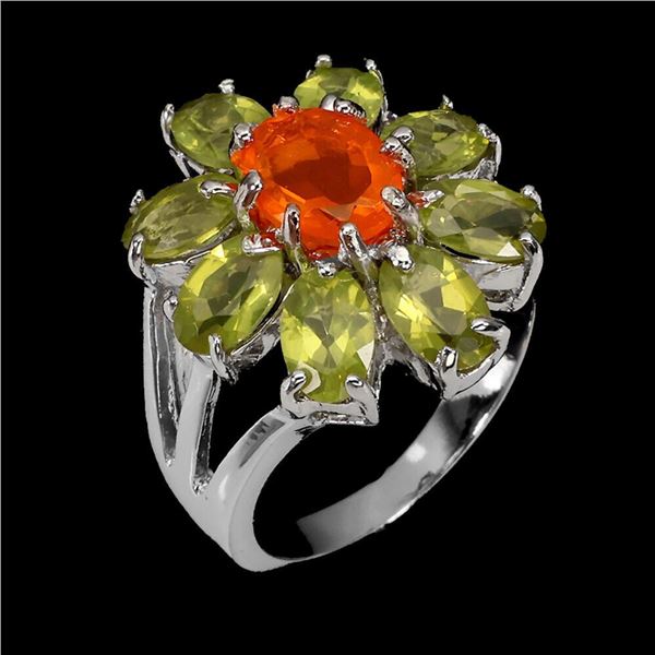 Natural Mexican Orange Opal & Peridot Ring