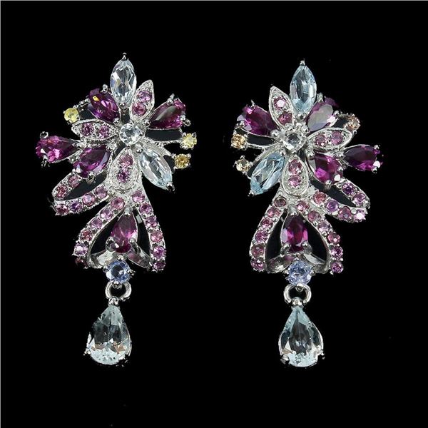 Natural Aquamarine Rhodolite Tanzanite Earrings
