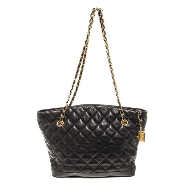 Chanel Black Lambskin Leather GHW Chain Tote Bag