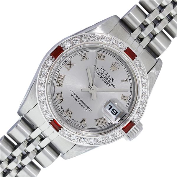 Rolex Quickset Gray Roman Diamond & Ruby Datejust Wristwatch 26MM