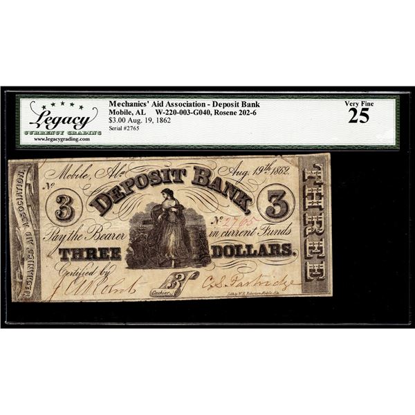 1862 $3 Mechanics' Aid Association Deposit Bank Mobile, AL Obsolete Legacy VF25